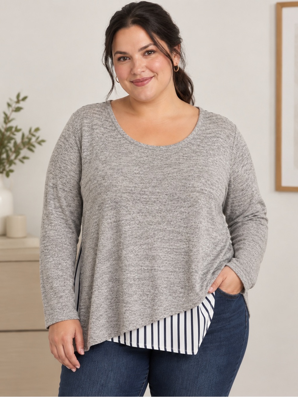 Scoop Neck Layered Look Gray Knit Top with Navy Striped Back
